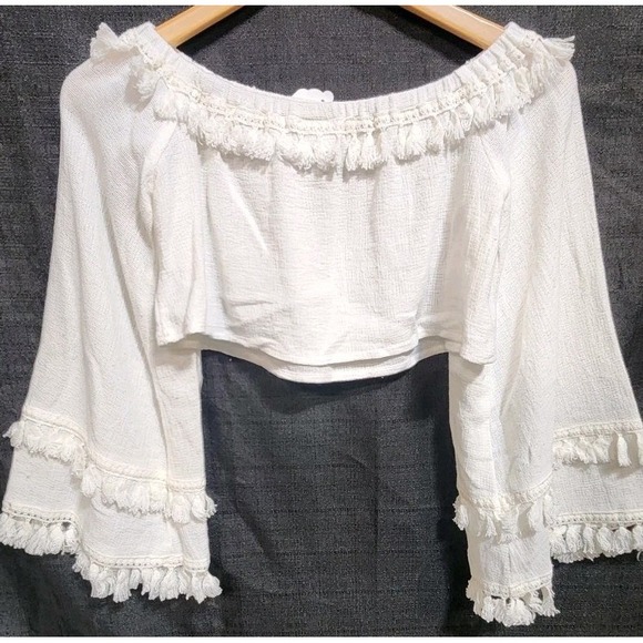 SKYLAR+MADISON White Bell Tassel Sleeve Top Crop Beach Boho Gypsy Festival NWT M - Picture 8 of 11